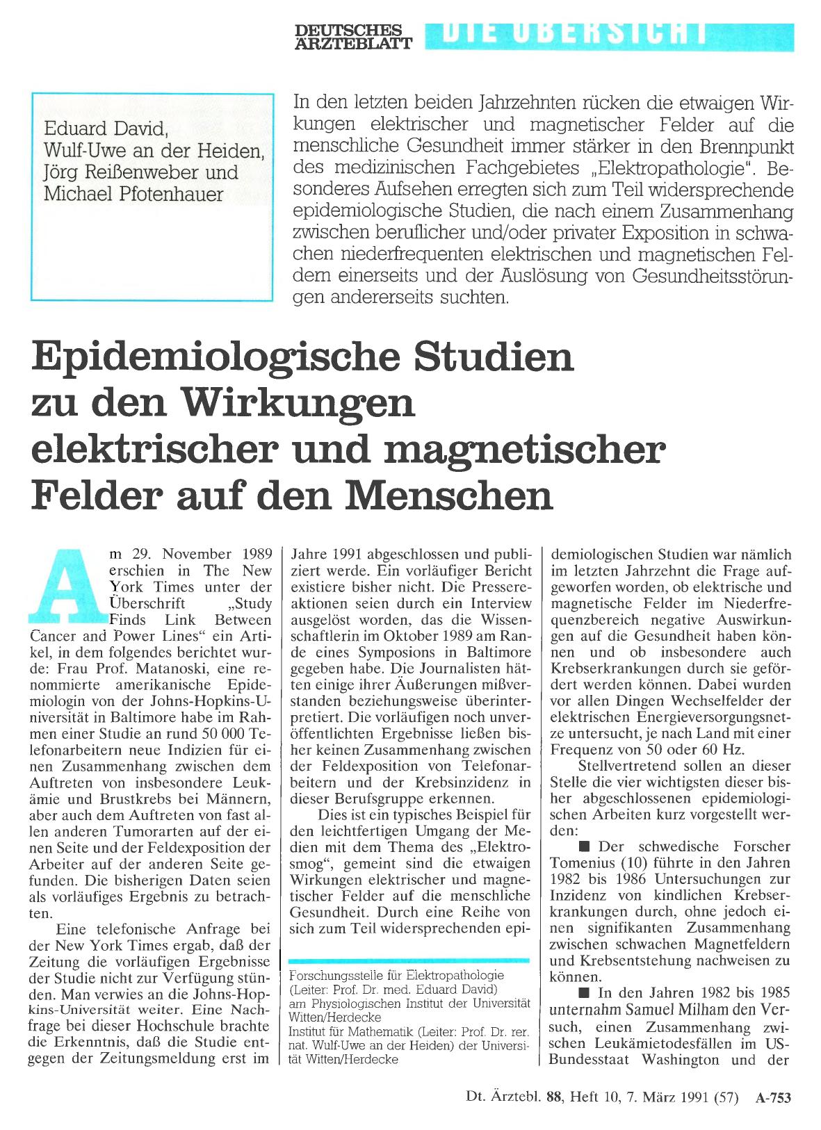Vorschauseite 1: Epidemiologische Studien zu den Wirkungen elektrischer und magnetischer Felder auf den Menschen