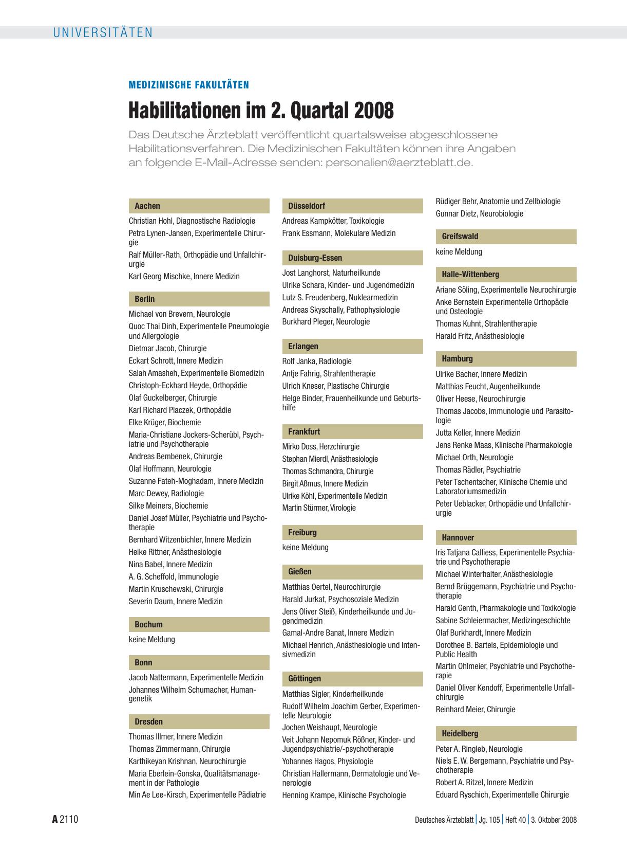 Vorschauseite 1: Medizinische Fakultäten: Habilitationen im 2. Quartal 2008