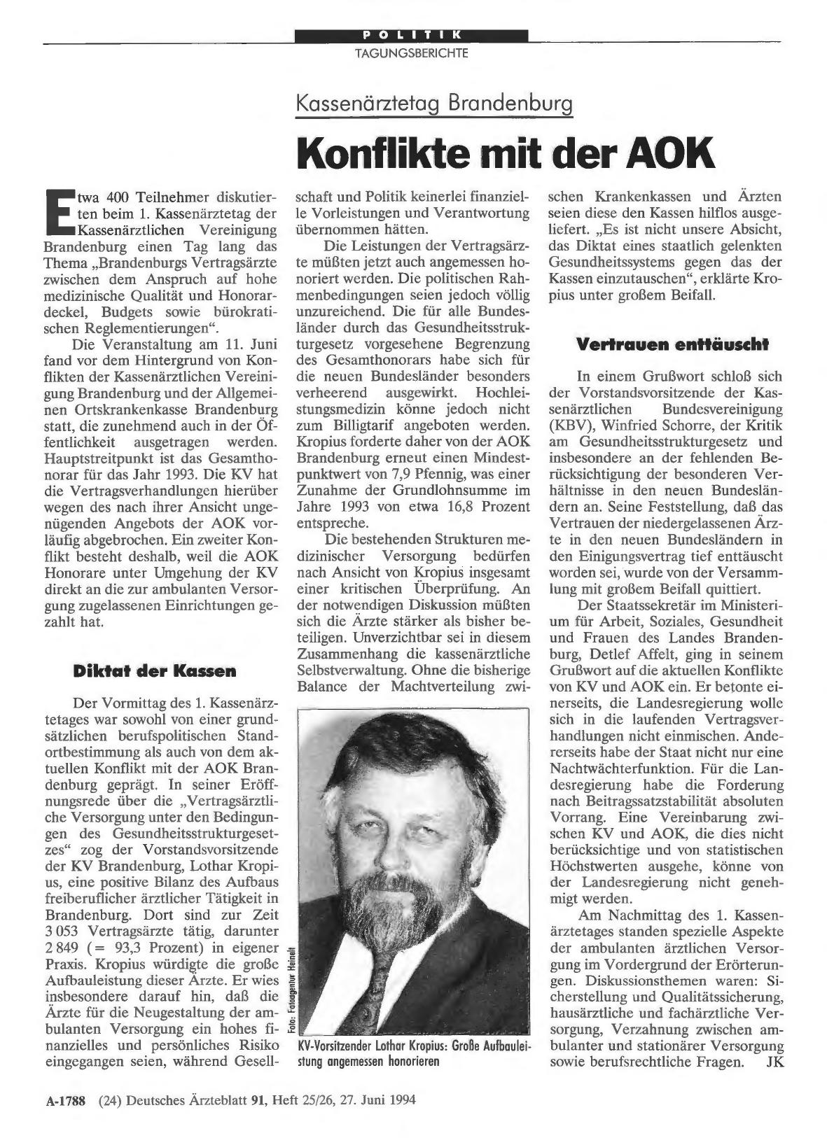 Vorschauseite 1: Kassenärztetag Brandenburg: Konflikte mit der AOK