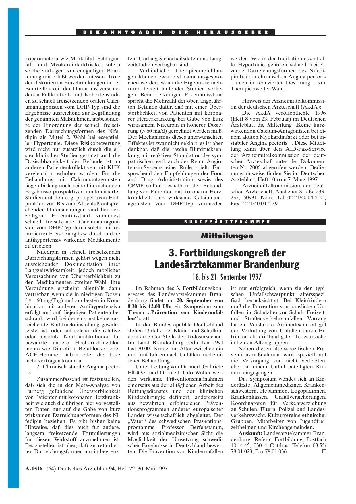Vorschauseite 1: Mitteilungen: 3. Fortbildungskongreß der Landesärztekammer Brandenburg 18. bis 21. September 1997
