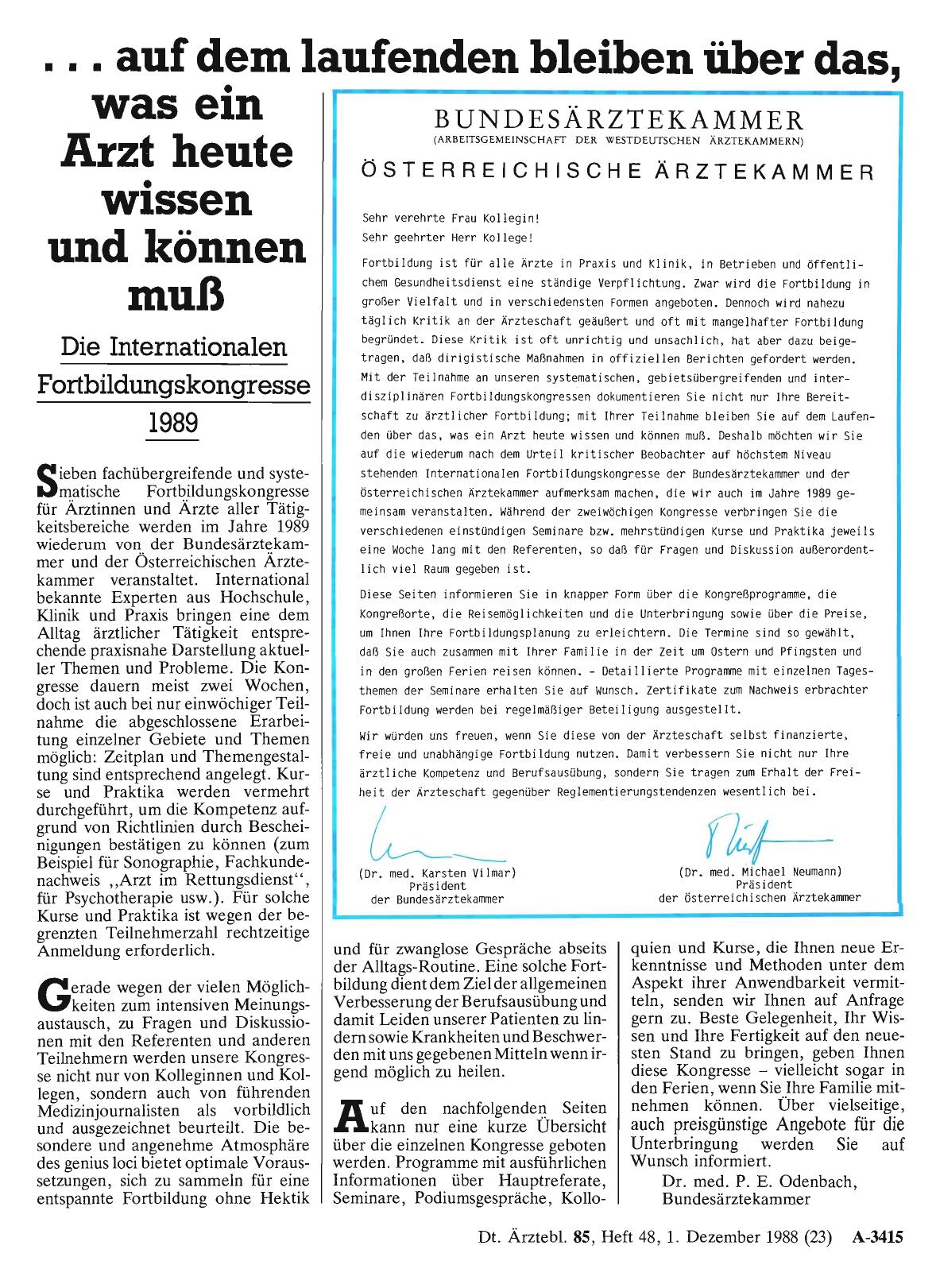 Vorschauseite 1: . . auf dem laufenden bleiben über das, was ein Arzt heute wissen und können muß: Die Internationalen Fortbildungskongresse 1989