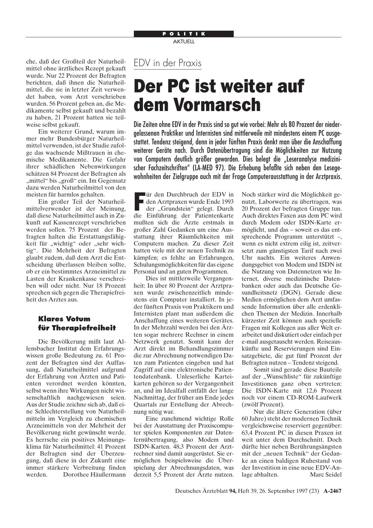 Vorschauseite 1: EDV in der Praxis: Der PC ist weiter auf dem Vormarsch