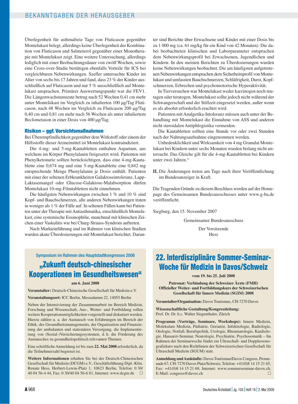 Vorschauseite 1: 22. Interdisziplinäre Sommer-Seminar-Woche für Medizin in Davos/Schweiz vom 19. bis 25. Juli 2008
