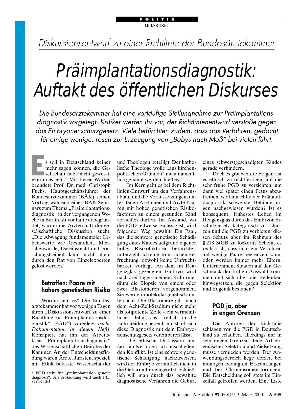 Vorschauseite 1: Diskussionsentwurf zu einer Richtlinie der Bundesärztekammer - Präimplantationsdiagnostik: Auftakt des öffentlichen Diskurses