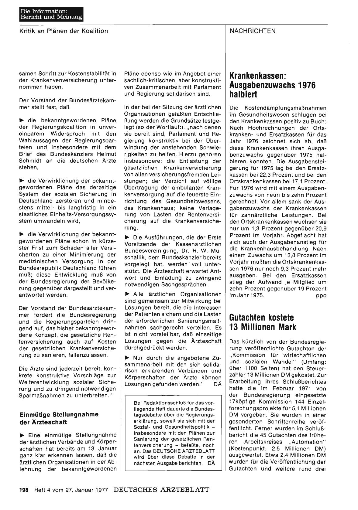 Vorschauseite 1: Krankenkassen: Ausgabenzuwachs 1976 halbiert