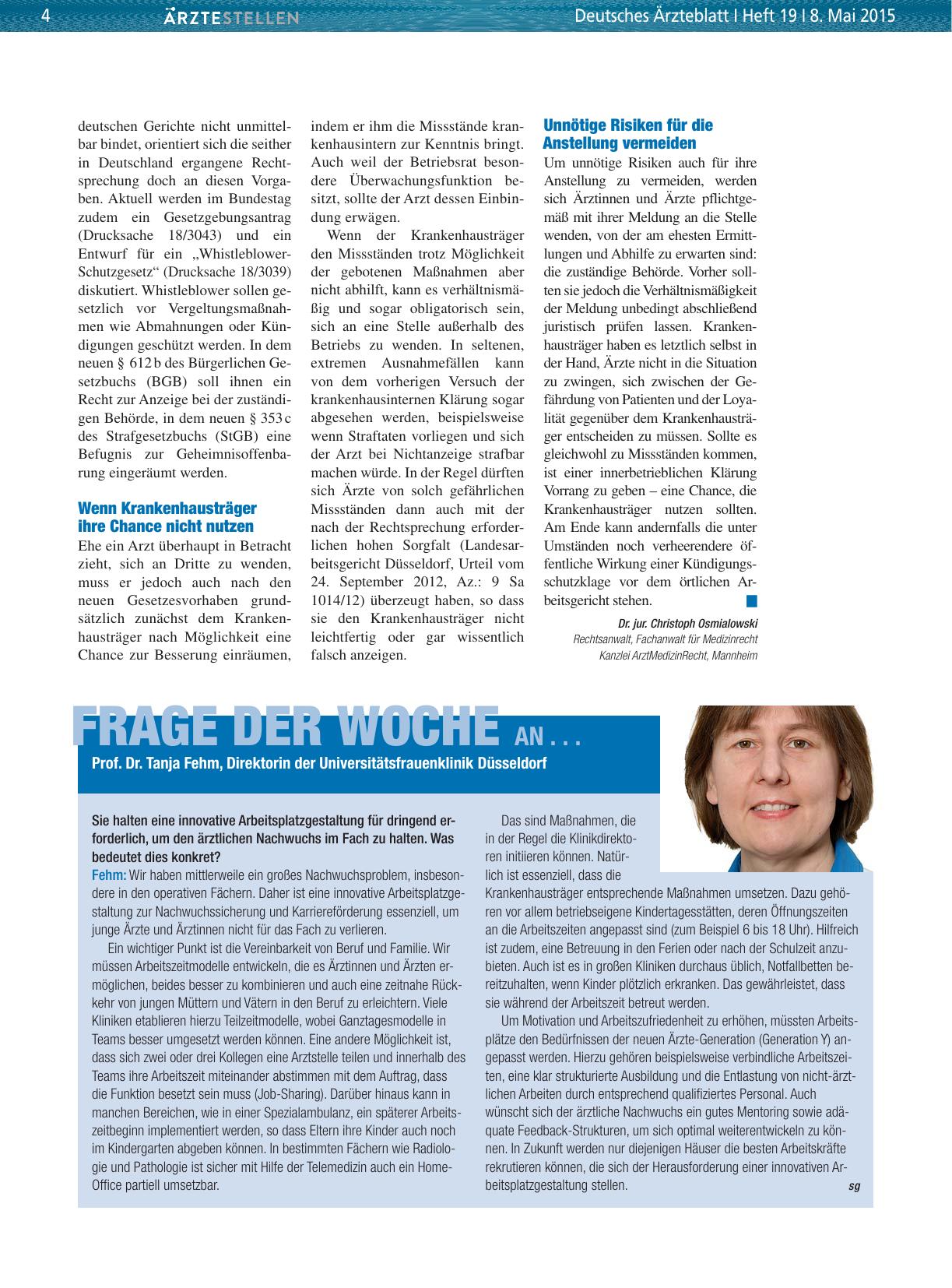 Vorschauseite 1: Frage der Woche an. .. Prof. Dr. Tanja Fehm, Direktorin der Universitätsfrauenklinik Düsseldorf