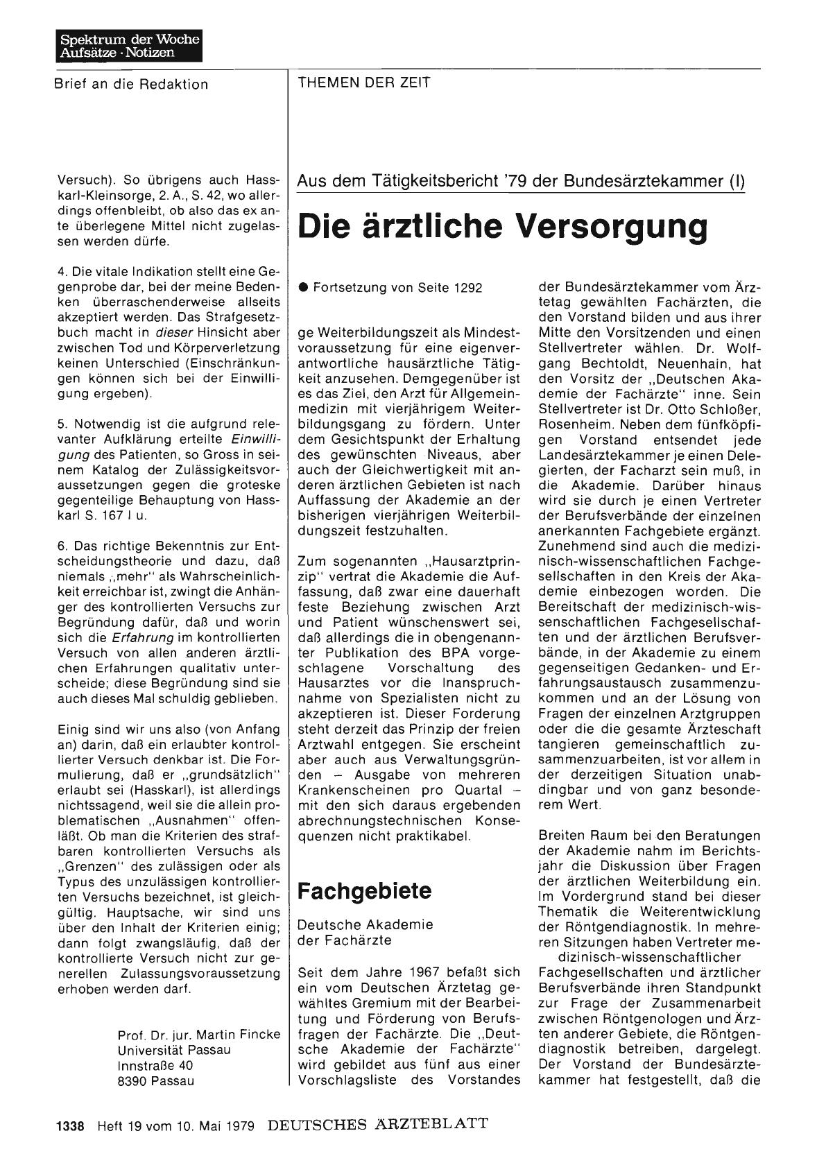 Vorschauseite 1: Aus dem Tätigkeitsbericht '79 der Bundesärztekammer (I) Die ärztliche Versorgung — Fortsetzung von Seite 1292