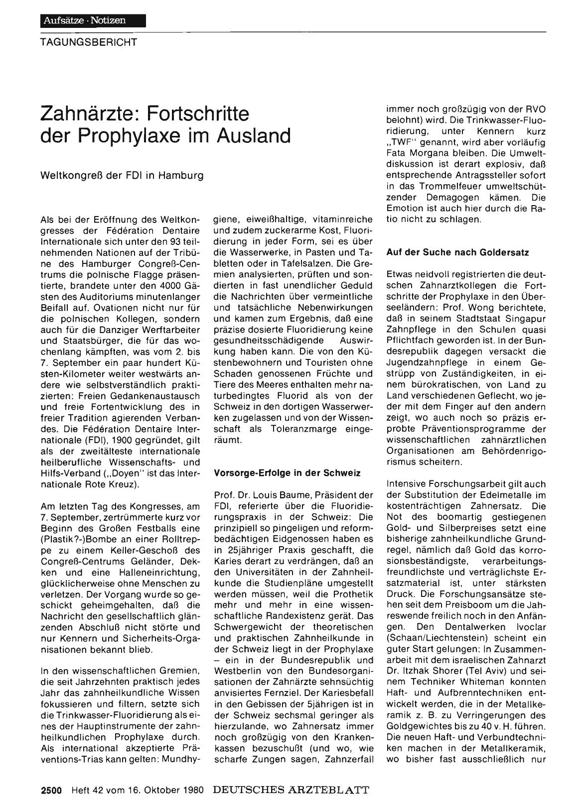 Vorschauseite 1: Zahnärzte: Fortschritte der Prophylaxe im Ausland: Weltkongreß der FDI in Hamburg