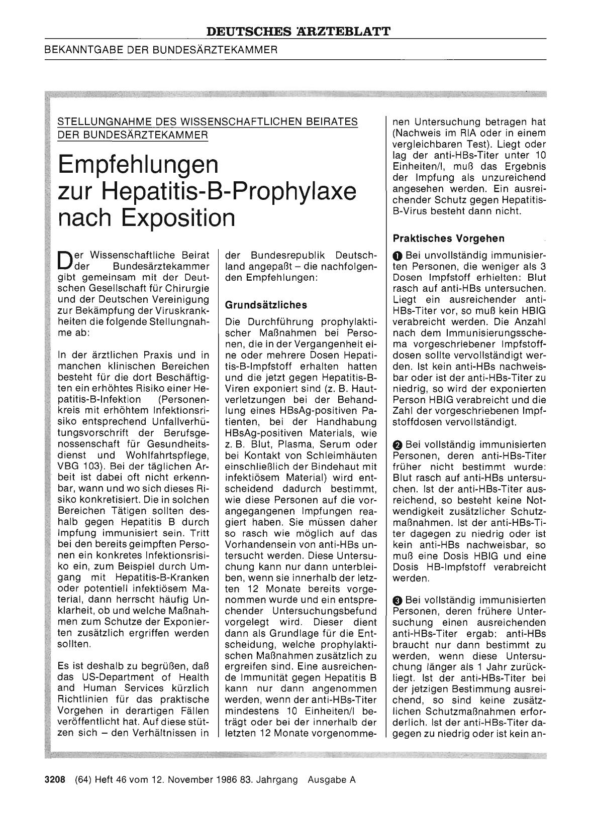 Vorschauseite 1: STELLUNGNAHME DES WISSENSCHAFTLICHEN BEIRATES DER BUNDESÄRZTEKAMMER: Empfehlungen zur Hepatitis-B-Prophylaxe nach Exposition