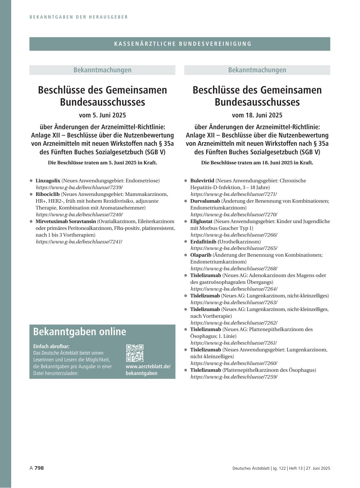 Vorschauseite 1: Beschlüsse des Gemeinsamen Bundesausschusses vom 5. Juni 2025 über Änderungen der Arzneimittel-Richtlinie