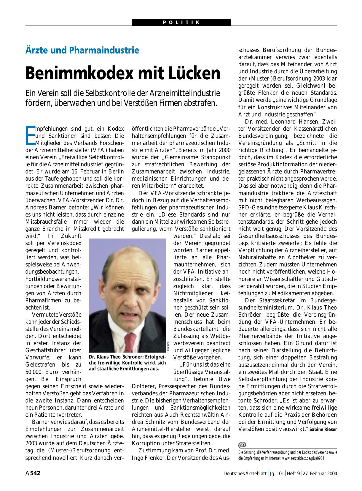 Vorschauseite 1: Ärzte und Pharmaindustrie: Benimmkodex mit Lücken