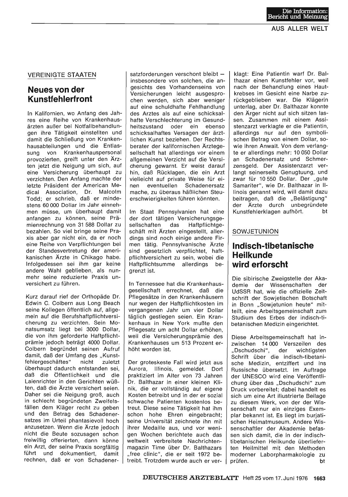 Vorschauseite 1: Vereinigte Staaten: Neues von der Kunstfehlerfront