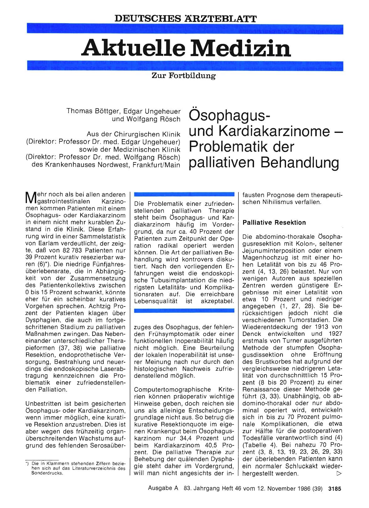 Vorschauseite 1: Ösophagusund Kardiakarzinome — Problematik der palliativen Behandlung