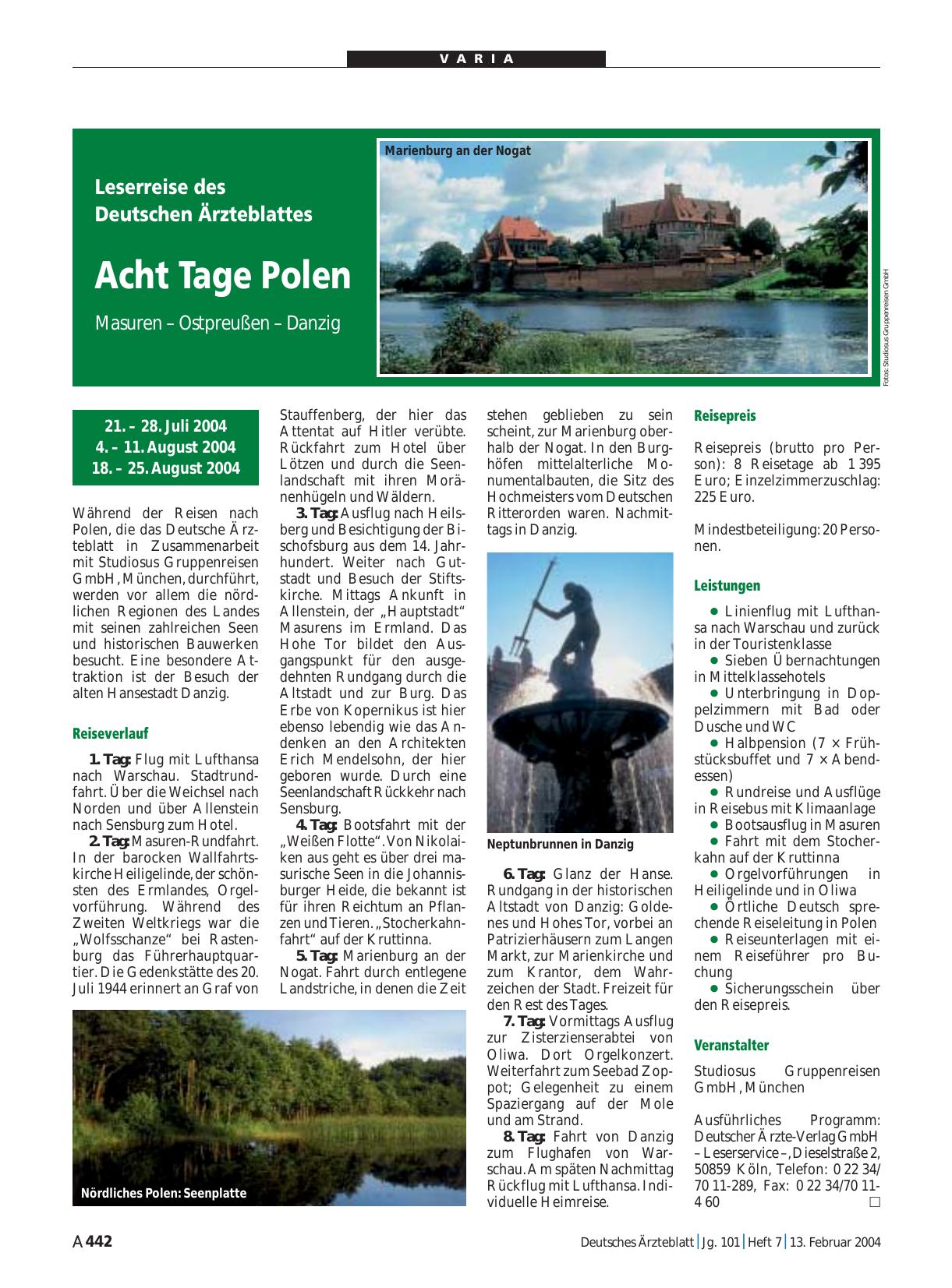Vorschauseite 1: Leserreise des Deutschen Ärzteblattes: Acht Tage Polen