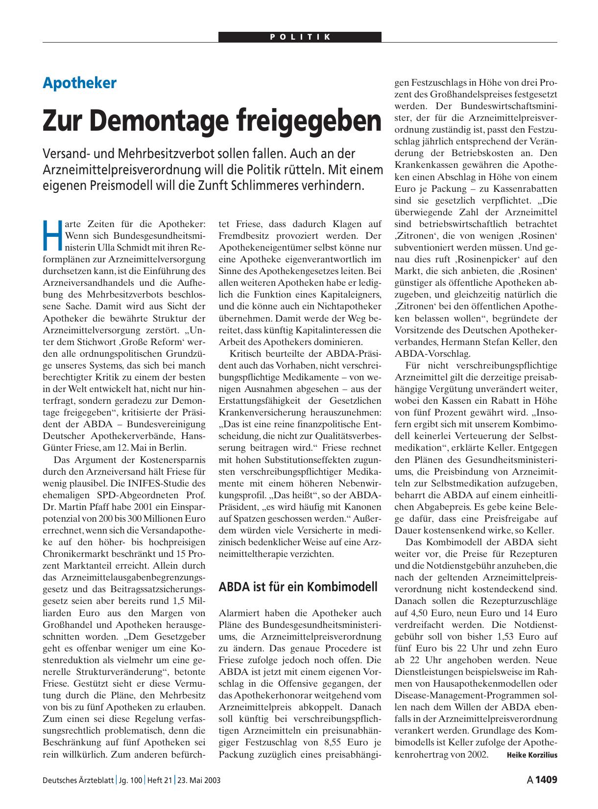 Vorschauseite 1: Apotheker: Zur Demontage freigegeben