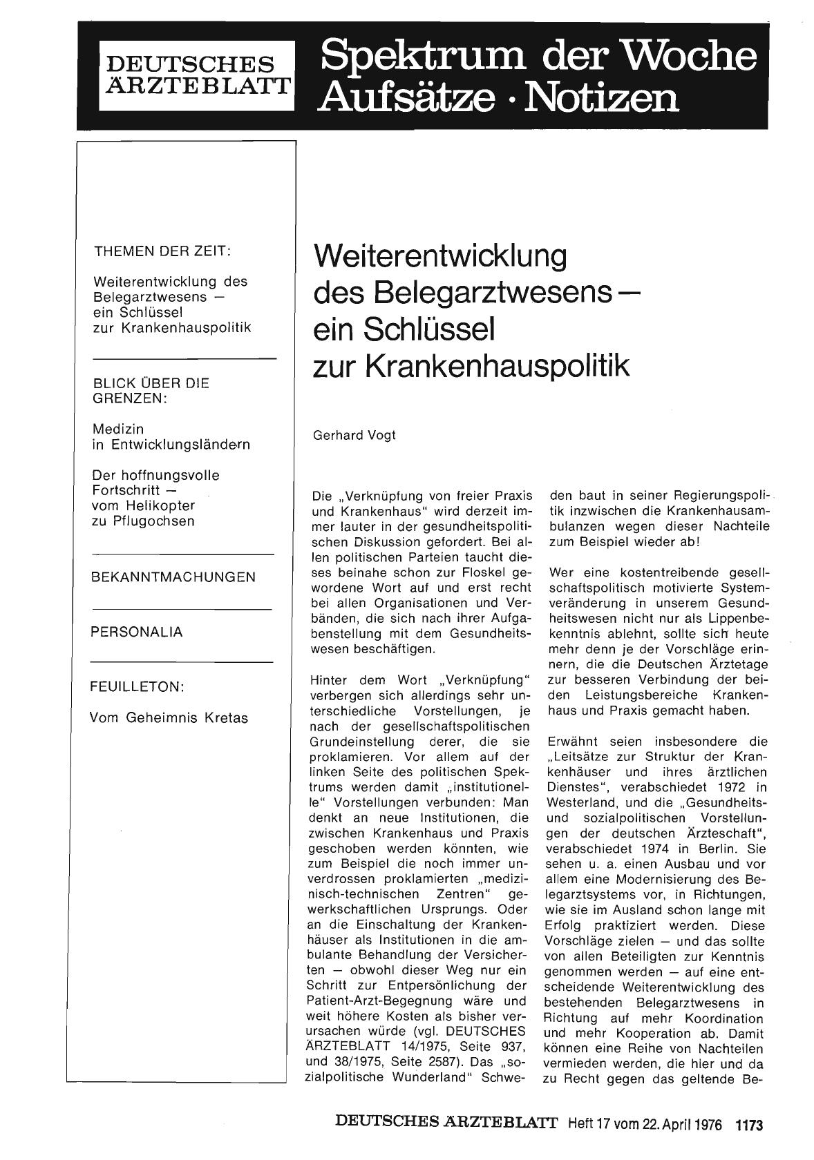 Vorschauseite 1: Weiterentwicklung des Belegarztwesens — ein Schlüssel zur Krankenhauspolitik