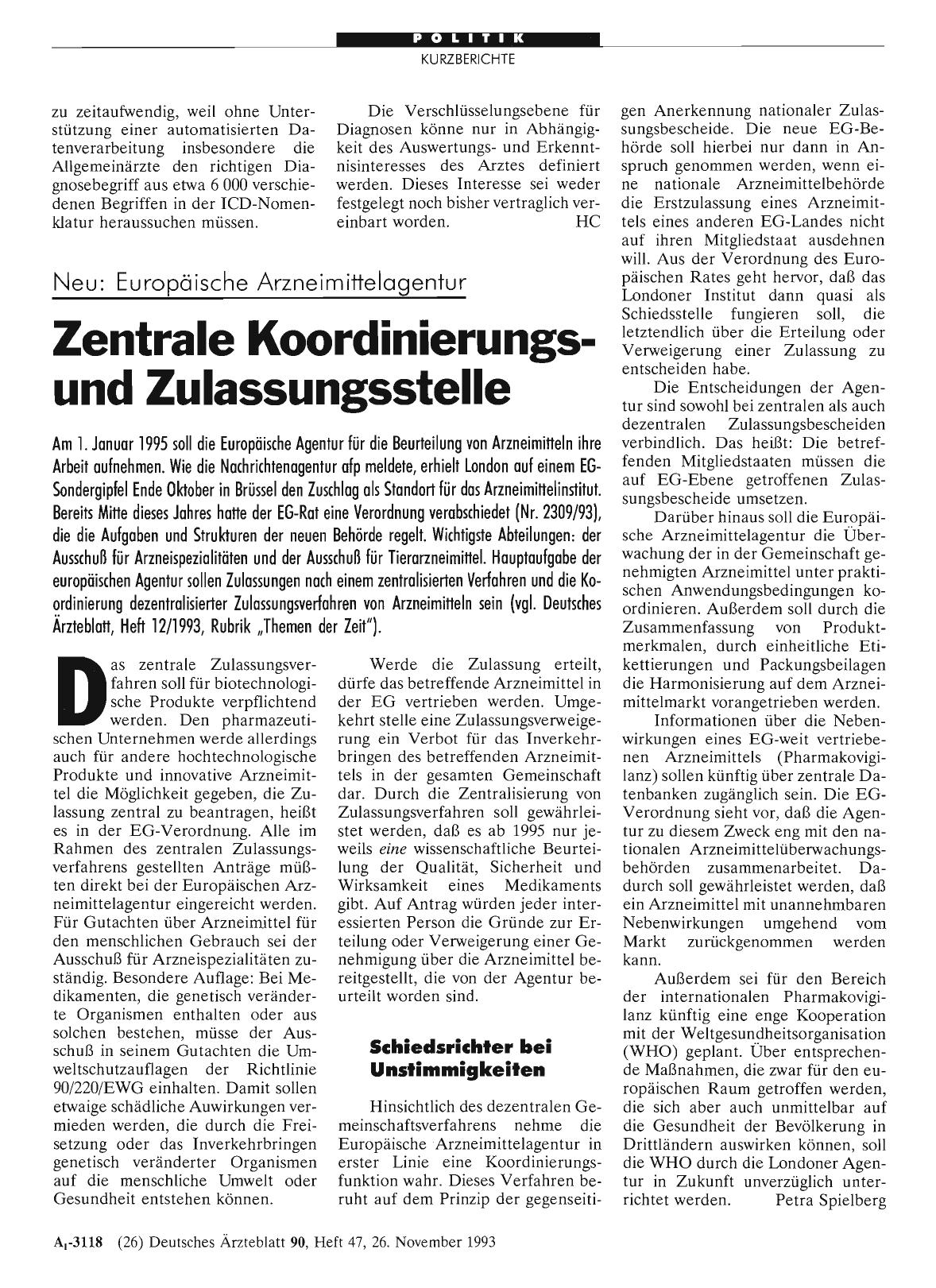 Vorschauseite 1: Neu: Europäische Arzneimittelagentur: Zentrale Koordinierungsund Zulassungsstelle