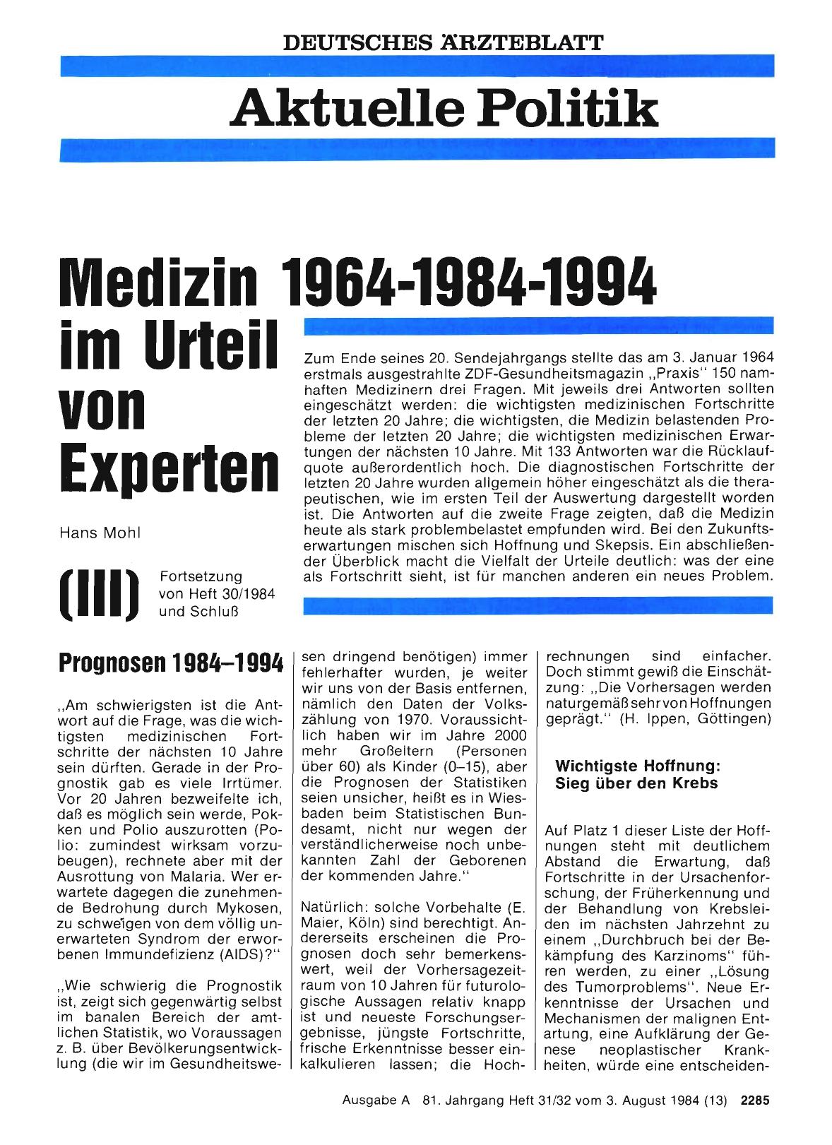 Vorschauseite 1: Medizin 1964-1984-1994 im Urteil von Experten (III)