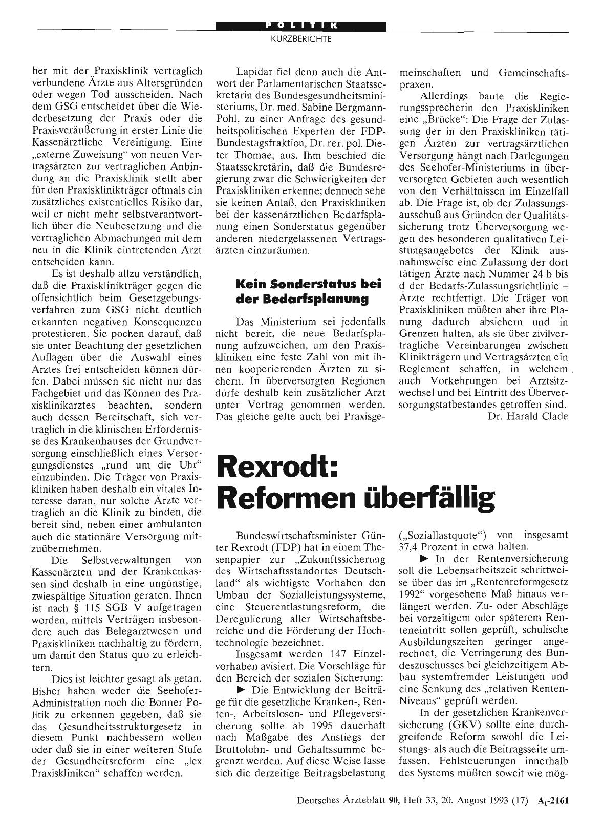 Vorschauseite 1: Rexrodt: Reformen überfällig