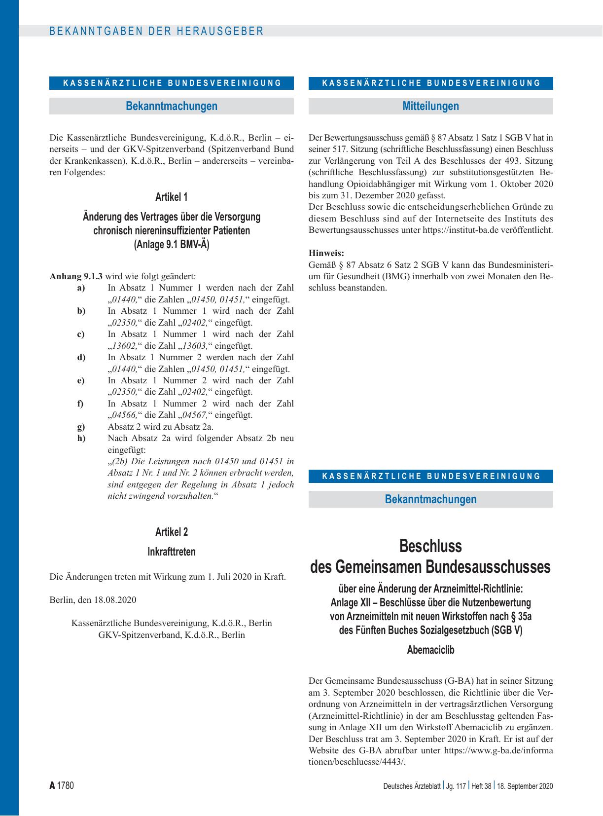 Vorschauseite 1: Änderung des Vertrages über die Versorgung chronisch niereninsuffizienter Patienten (Anlage 9. 1 BMV-Ä)