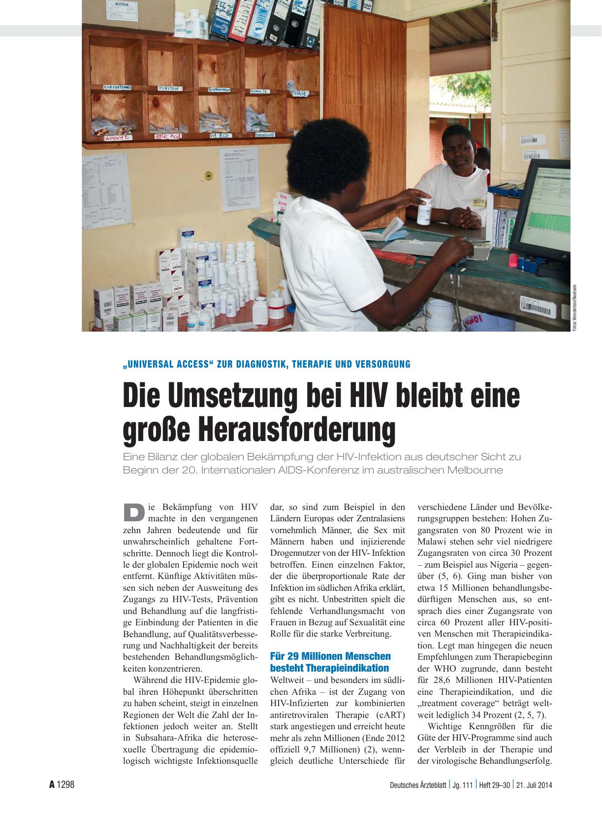 Vorschauseite 1: „Universal Access“ zur Diagnostik, Therapie und Versorgung: Die Umsetzung bei HIV bleibt eine große Herausforderung