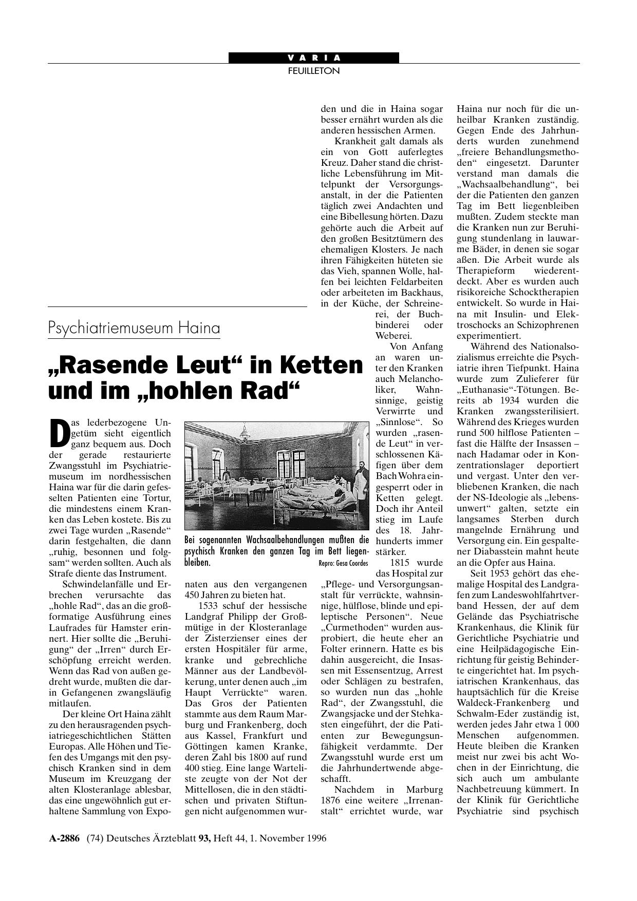 Vorschauseite 1: Psychiatriemuseum Haina: „Rasende Leut“ in Ketten und im „hohlen Rad“