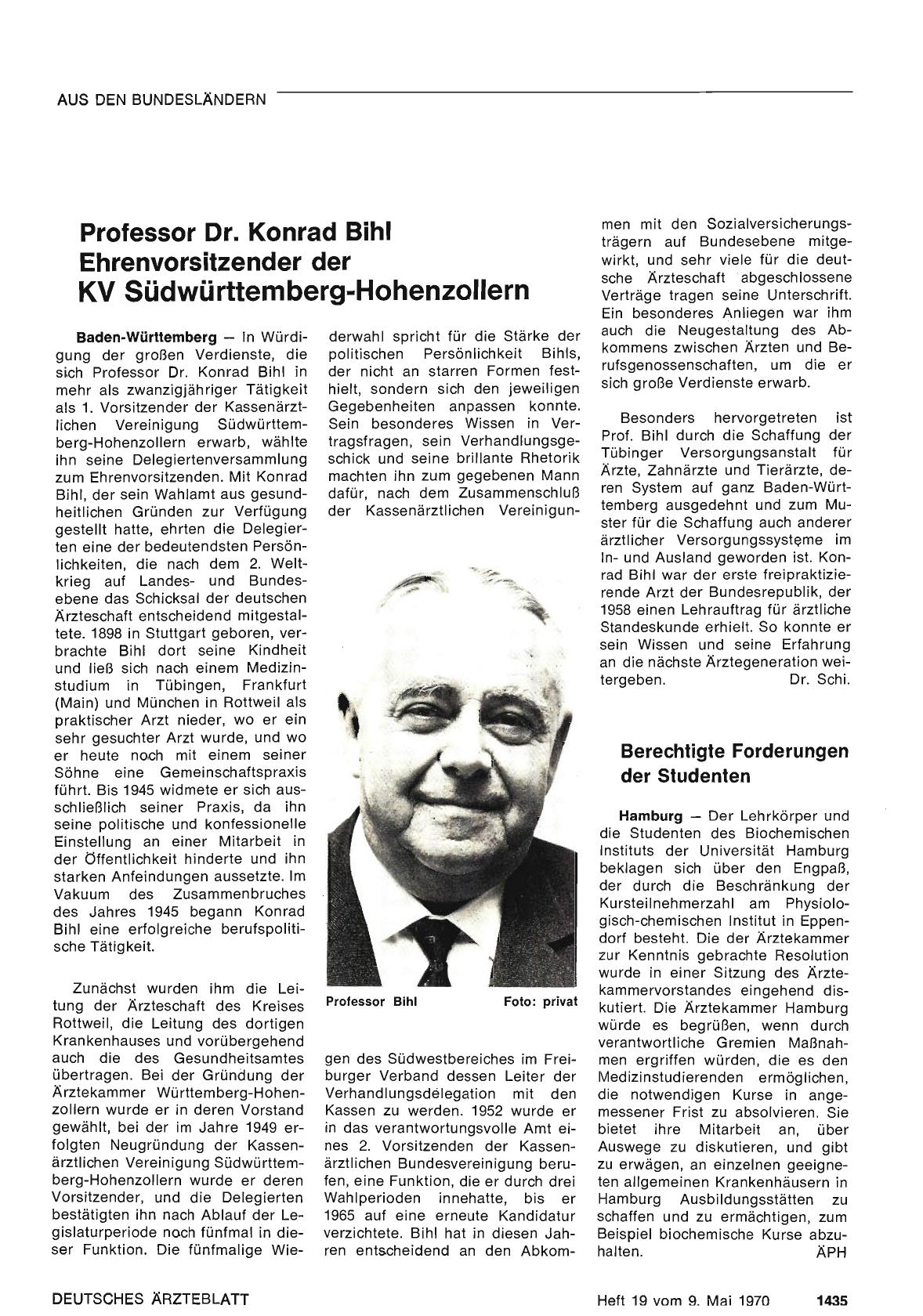 Vorschauseite 1: Professor Dr. Konrad Bihl Ehrenvorsitzender der KV Südwürttemberg-Hohenzollern