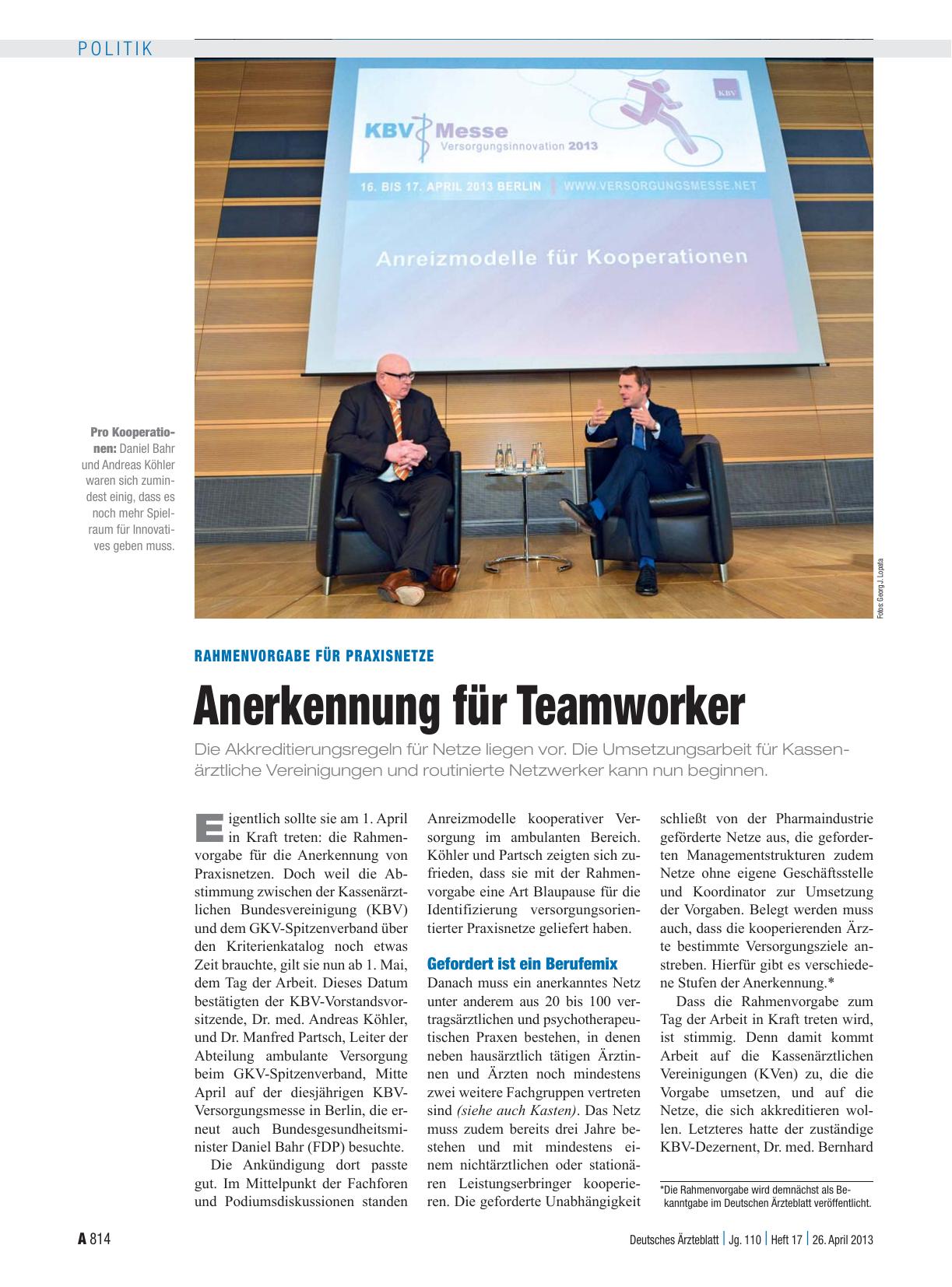Vorschauseite 1: Rahmenvorgabe für Praxisnetze: Anerkennung für Teamworker