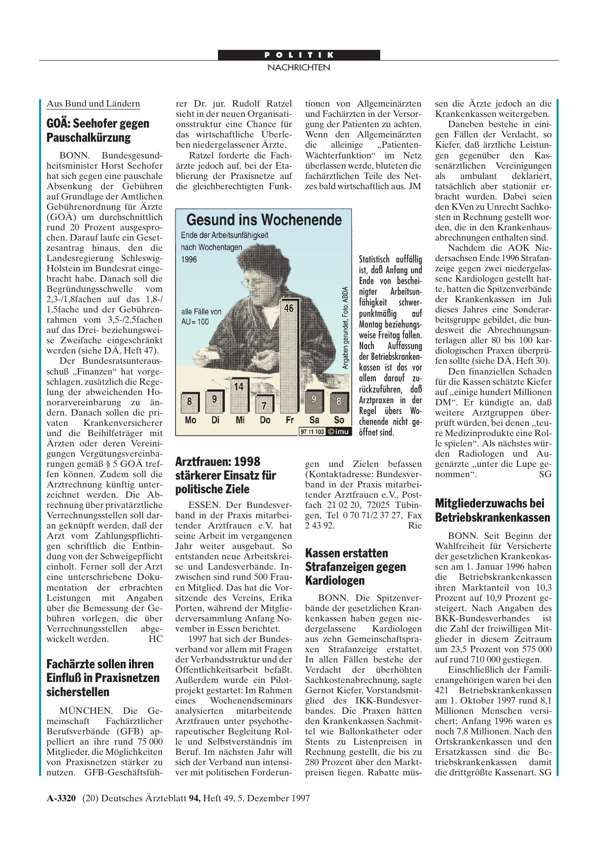 Vorschauseite 1: Arztfrauen: 1998 stärkerer Einsatz für politische Ziele