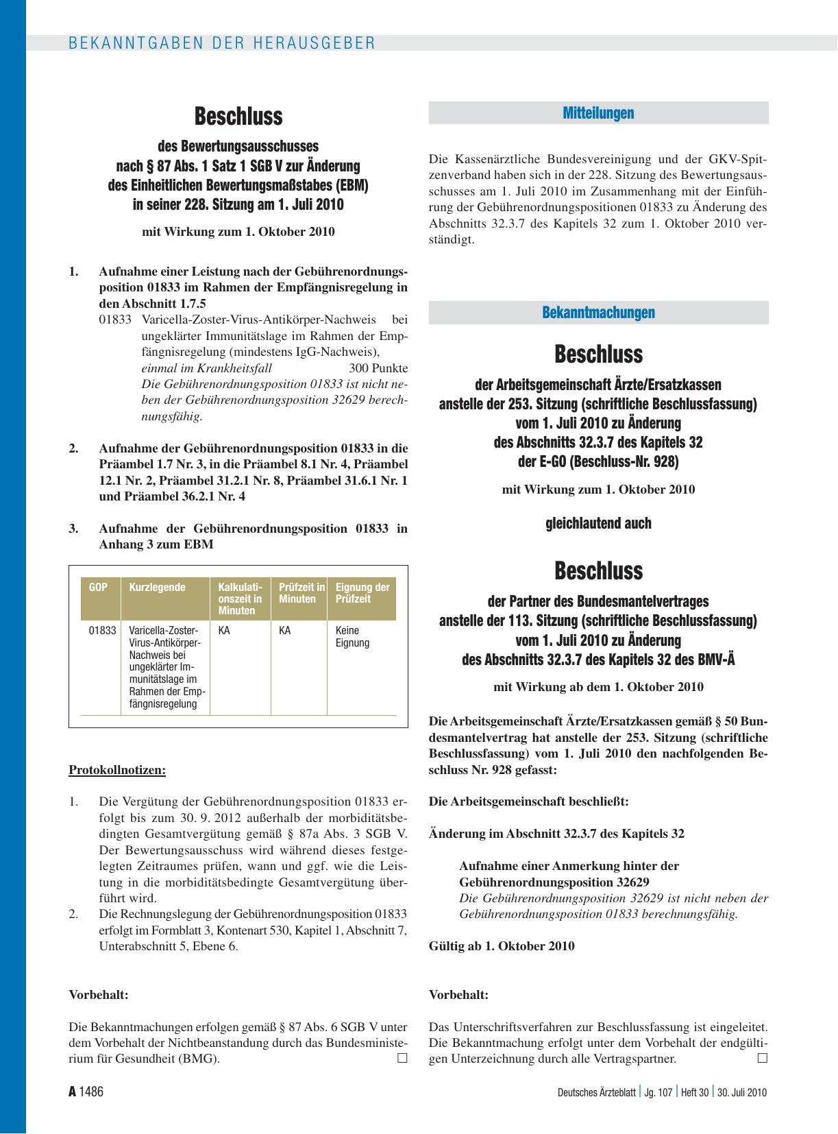 Vorschauseite 1: Beschluss der Arbeitsgemeinschaft Ärzte/Ersatzkassen anstelle der 253. Sitzung (schriftliche Beschlussfassung) vom 1. Juli 2010 zu Änderung des Abschnitts 32. 3. 7 des Kapitels 32…