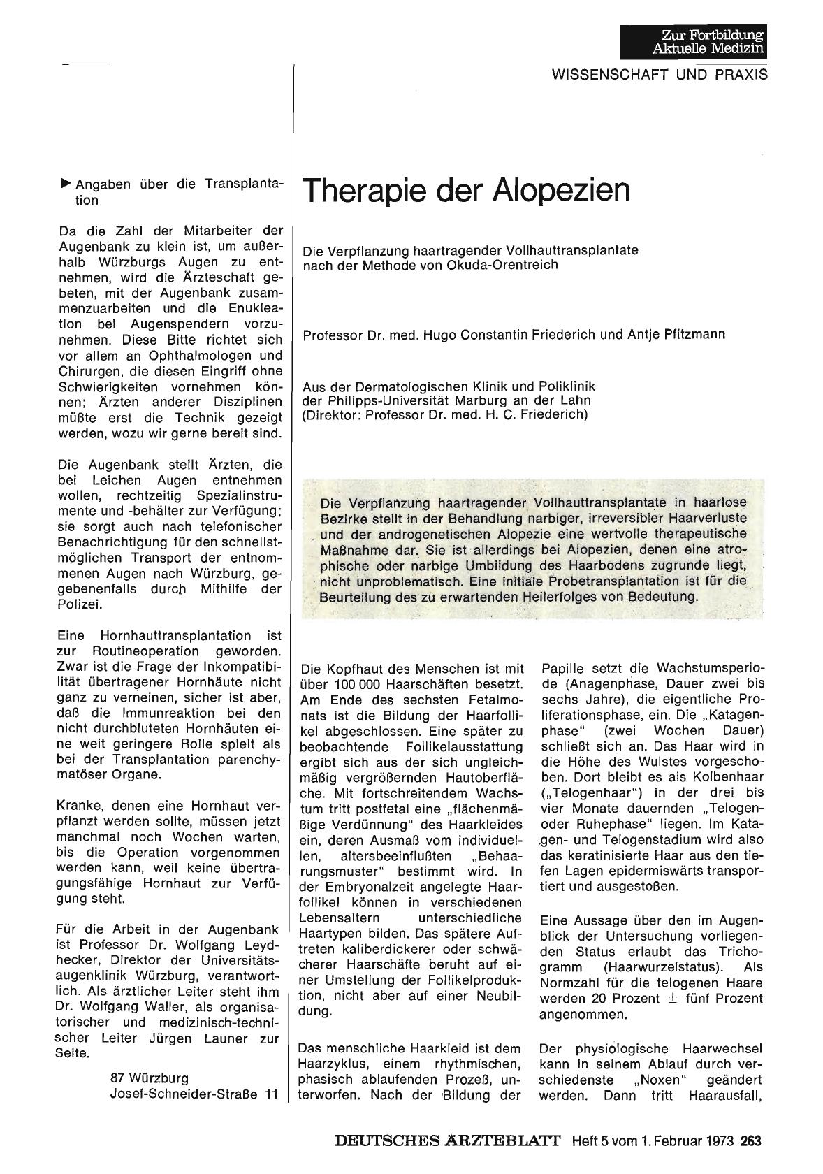 Vorschauseite 1: Therapie der Alopezien: Die Verpflanzung haartragender Vollhauttransplantate nach der Methode von Okuda-Orentreich