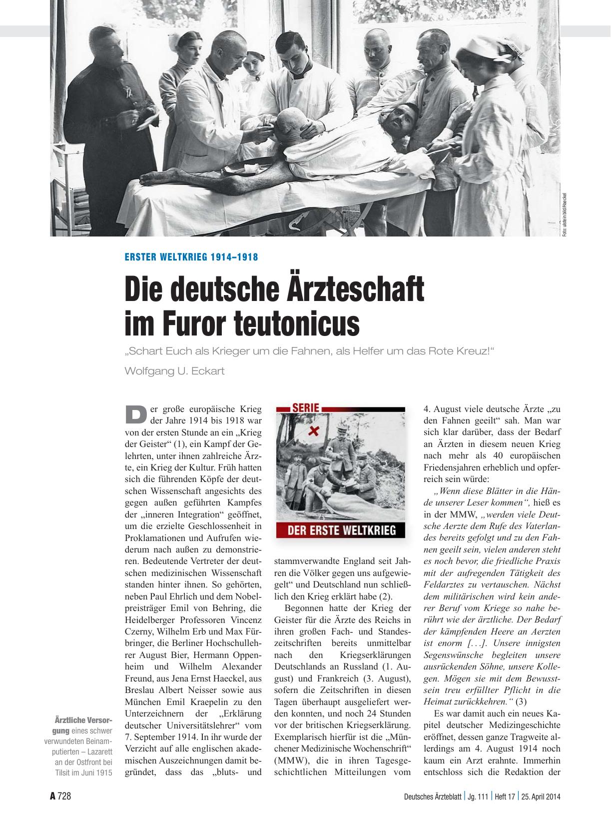 Vorschauseite 1: Erster Weltkrieg 1914–1918: Die deutsche Ärzteschaft im Furor teutonicus