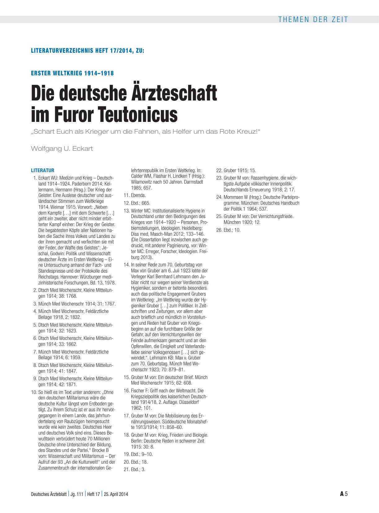 Vorschauseite 5: Erster Weltkrieg 1914–1918: Die deutsche Ärzteschaft im Furor teutonicus