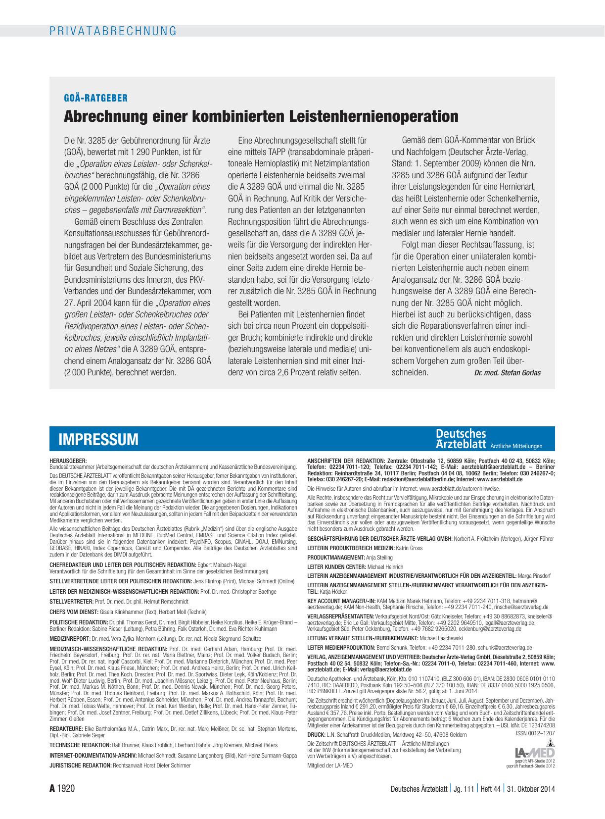 Vorschauseite 1: GOÄ-Ratgeber: Abrechnung einer kombinierten Leistenhernienoperation