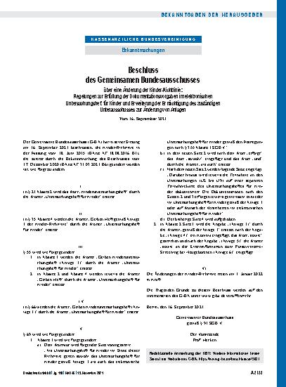 Vorschauseite 1: Regelungen zur Erfüllung der Dokumentationsvorgaben im elektronischen Untersuchungsheft für Kinder und Erweiterung der Ermächtigung des zuständigen Unterausschusses zur Änderung v…