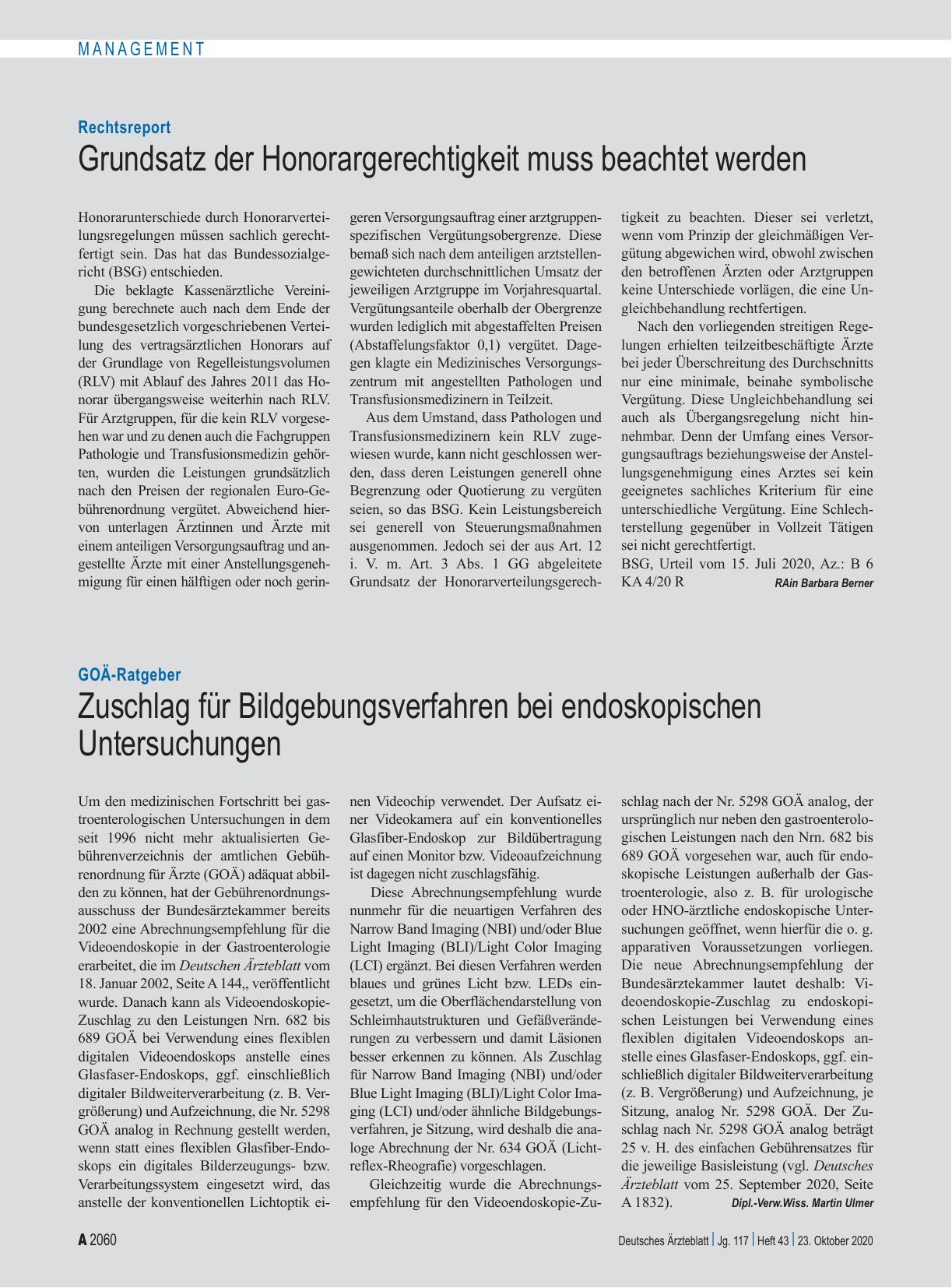 Vorschauseite 1: Rechtsreport: Grundsatz der Honorargerechtigkeit muss beachtet werden