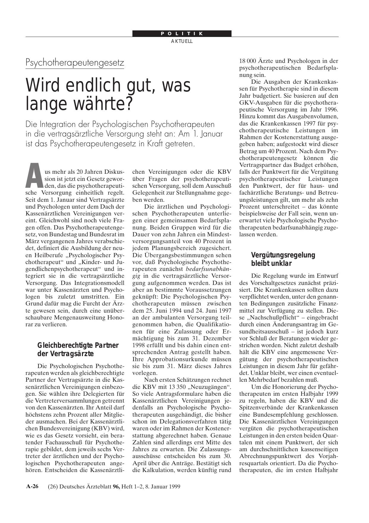 Vorschauseite 1: Psychotherapeutengesetz: Wird endlich gut, was lange währte?