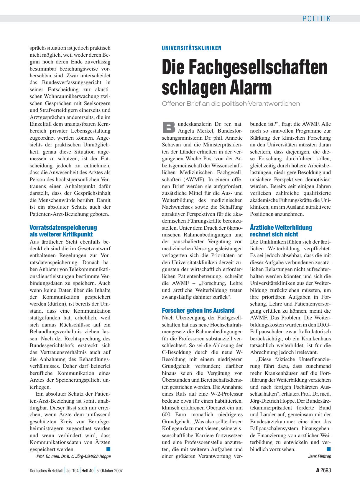 Vorschauseite 1: Universitätskliniken: Die Fachgesellschaften schlagen Alarm