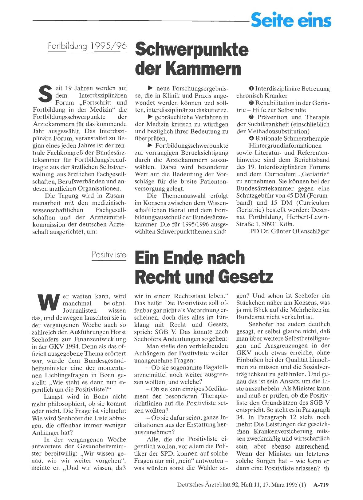 Vorschauseite 1: Fortbildung 1995/96: Schwerpunkte der Kammern