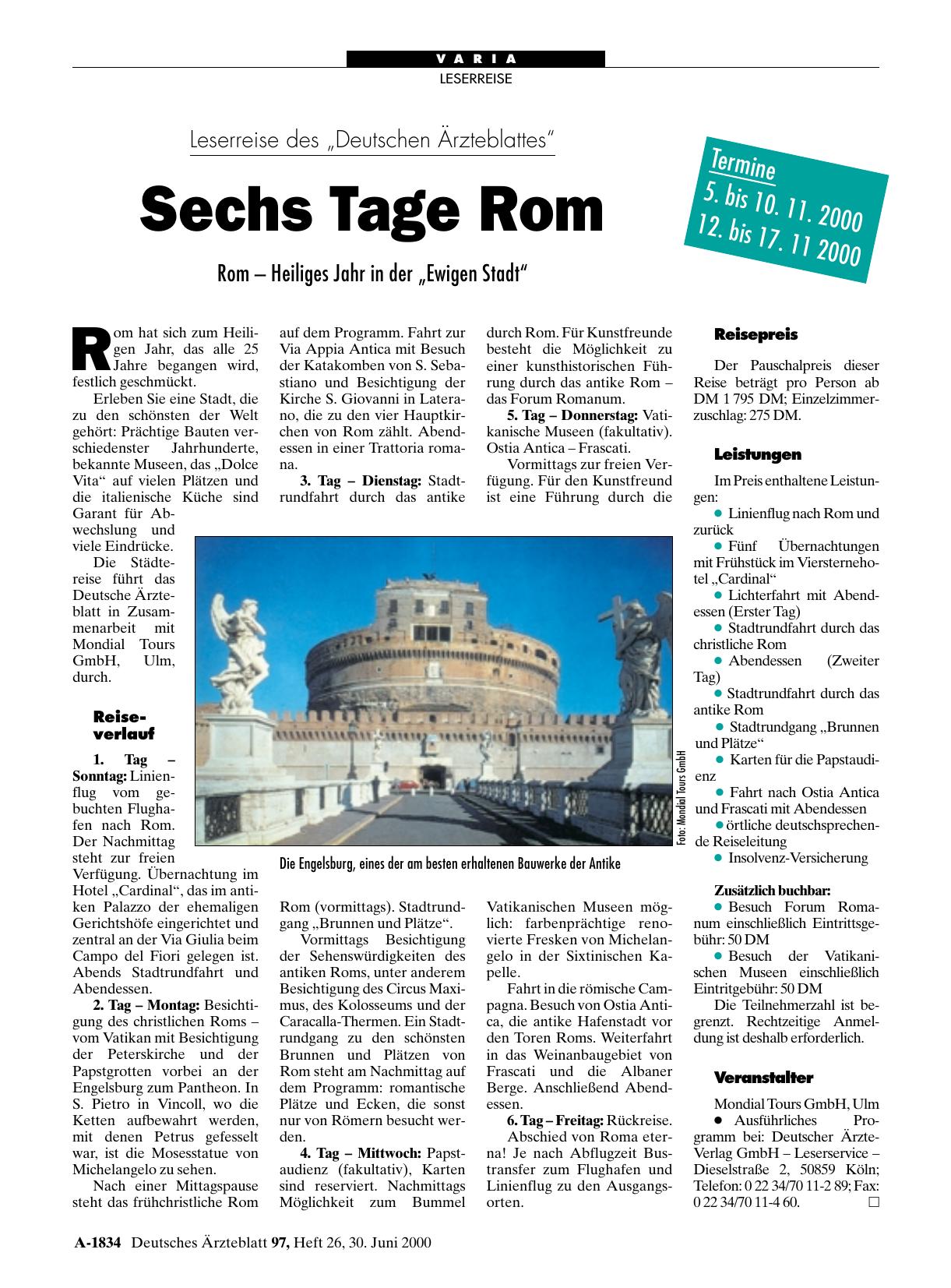 Vorschauseite 1: Leserreise des „Deutschen Ärzteblattes“: Sechs Tage Rom