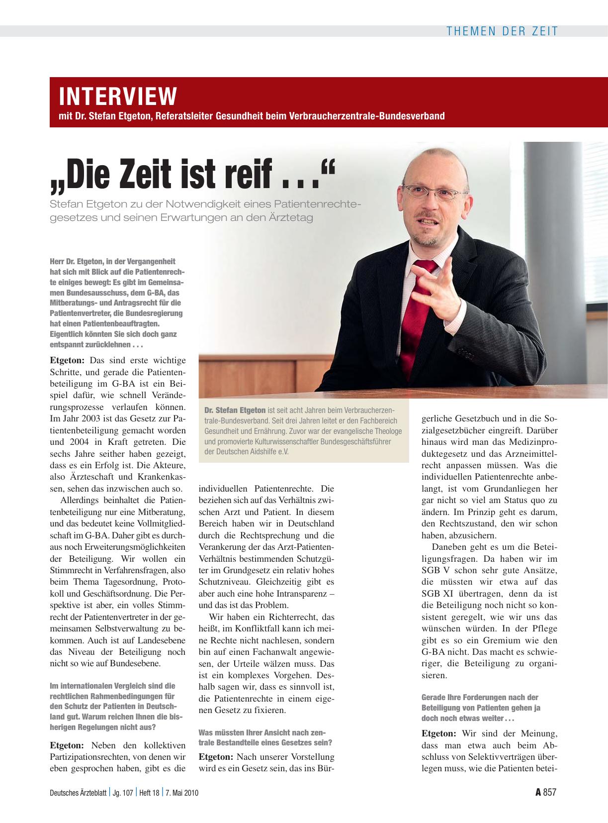 Vorschauseite 1: Interview mit Dr. Stefan Etgeton, Referatsleiter Gesundheit beim Verbraucherzentrale-Bundesverband: „Die Zeit ist reif. .. “