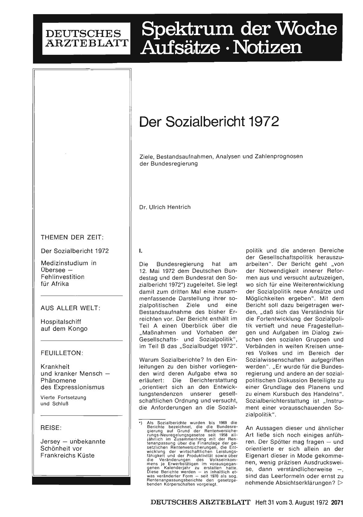 Vorschauseite 1: Der Sozialbericht 1972: Ziele, Bestandsaufnahmen, Analysen und Zahlenprognosen der Bundesregierung