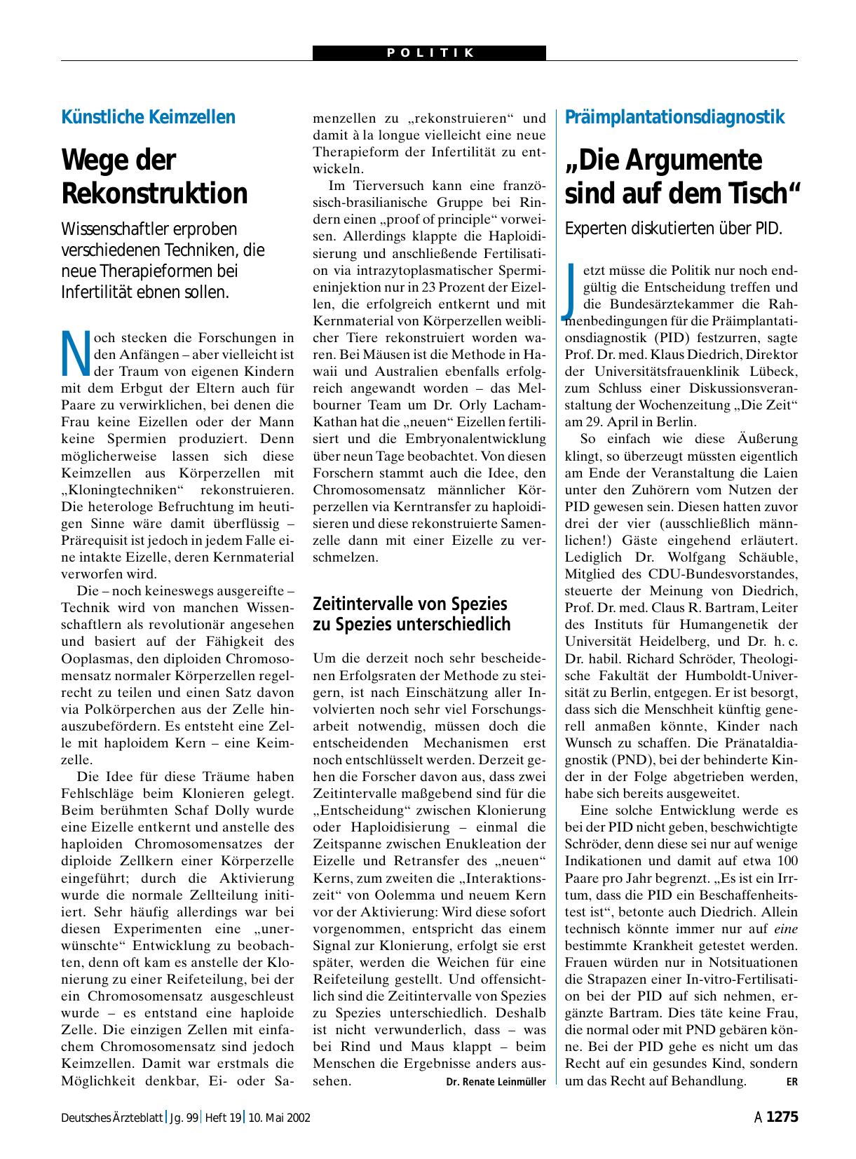 Vorschauseite 1: Präimplantationsdiagnostik: „Die Argumente sind auf dem Tisch“
