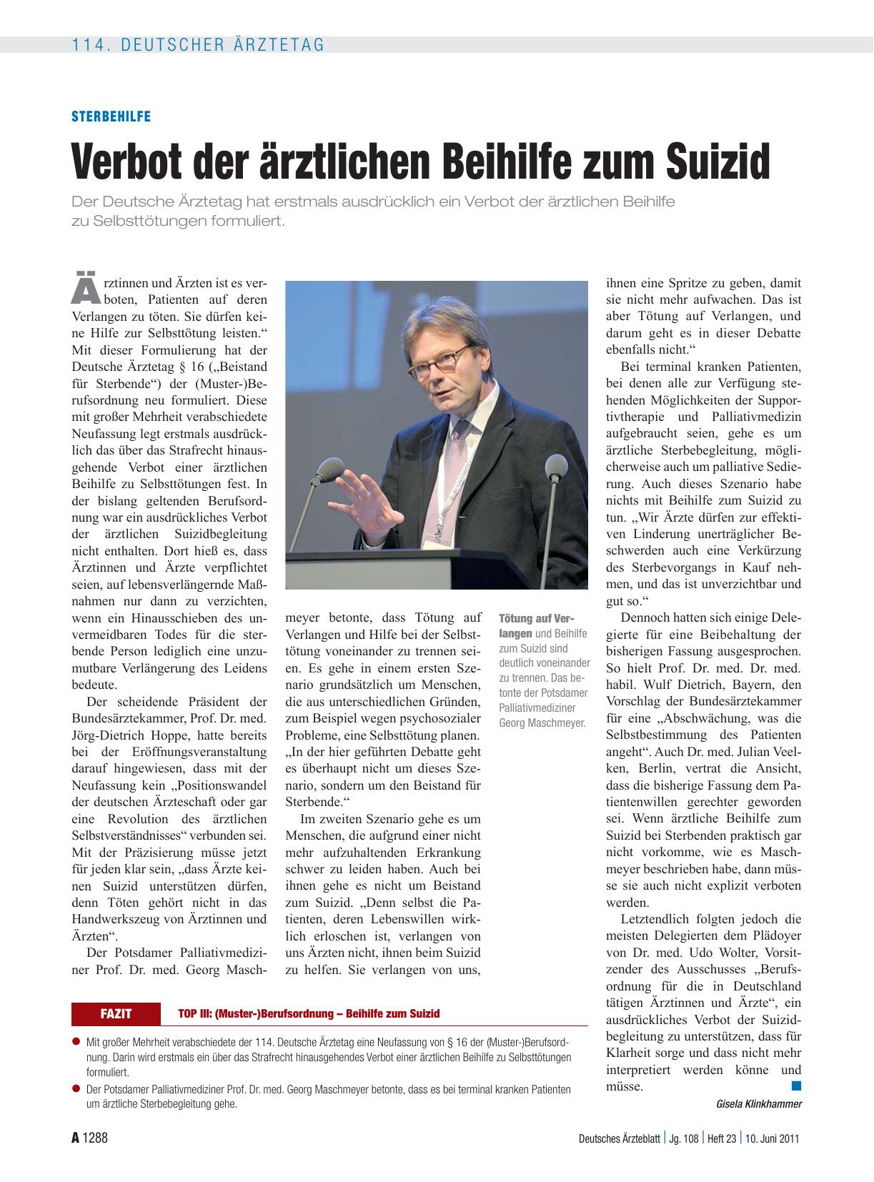 Vorschauseite 1: Sterbehilfe: Verbot der ärztlichen Beihilfe zum Suizid