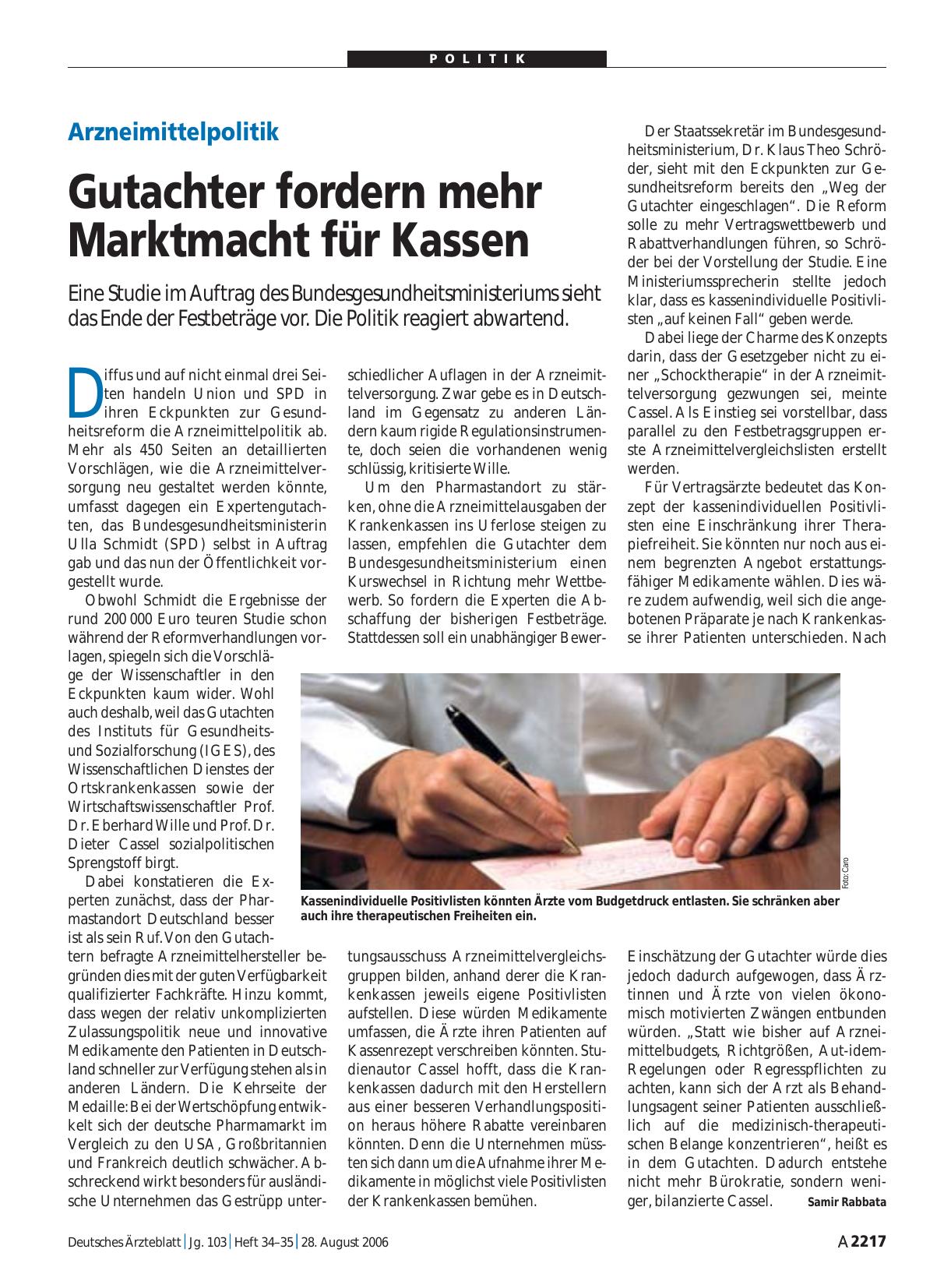 Vorschauseite 1: Arzneimittelpolitik: Gutachter fordern mehr Marktmacht für Kassen