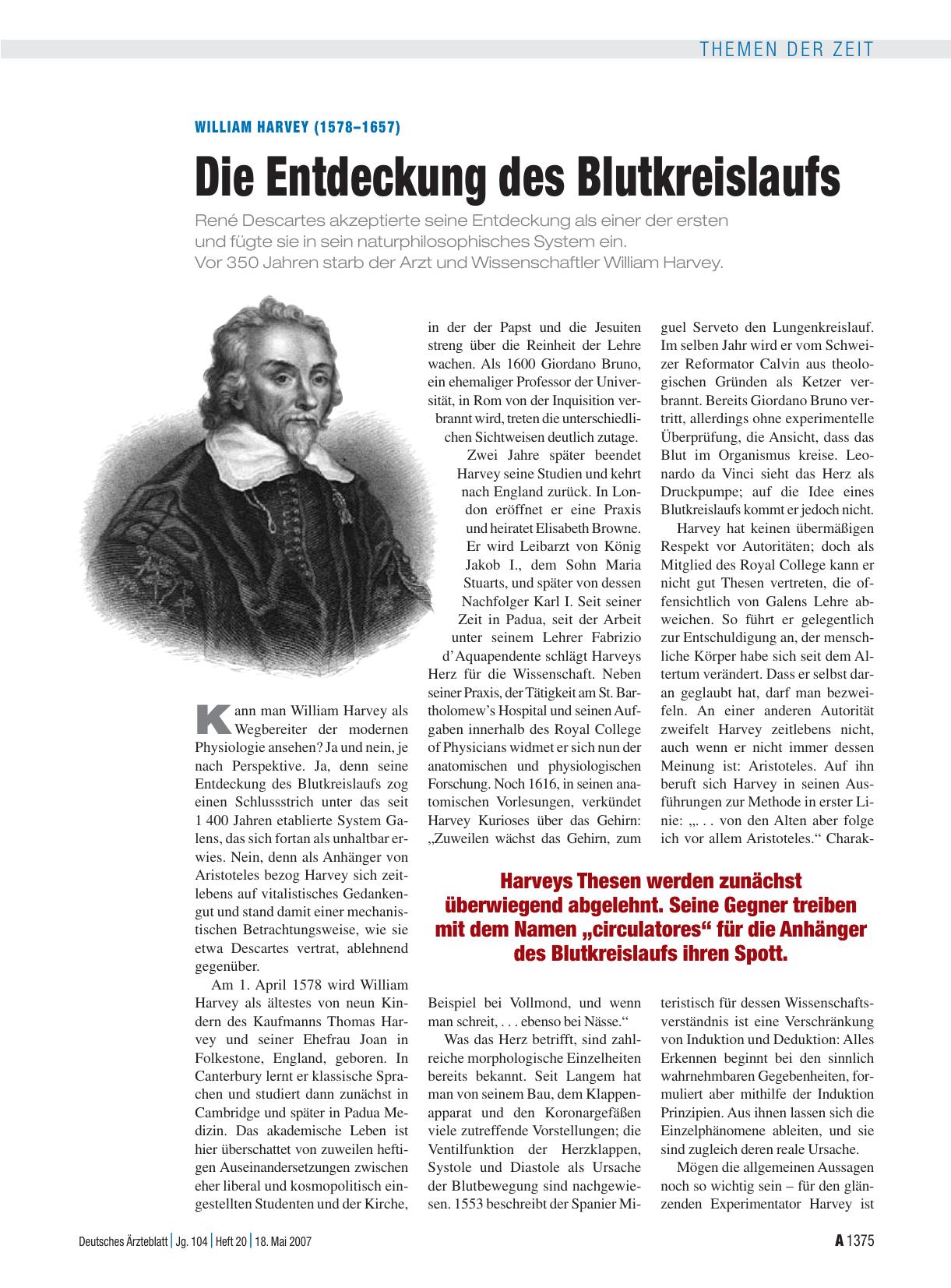 Vorschauseite 1: William Harvey (1578 – 1657): Die Entdeckung des Blutkreislaufs