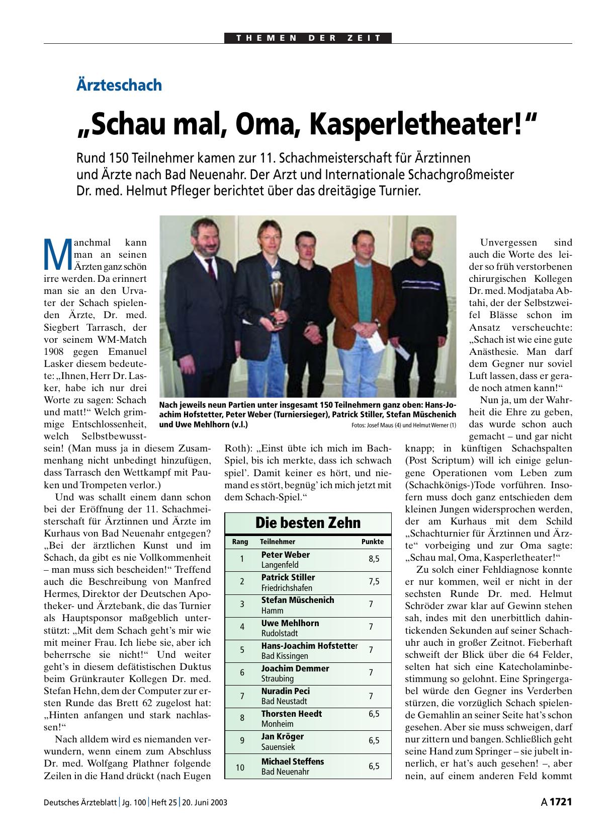 Vorschauseite 1: Ärzteschach: „Schau mal, Oma, Kasperletheater! “