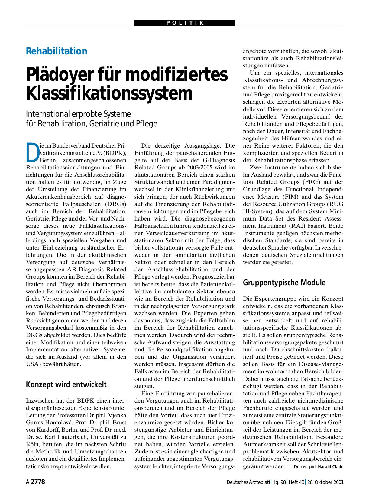 Vorschauseite 1: Rehabilitation: Plädoyer für modifiziertes Klassifikationssystem