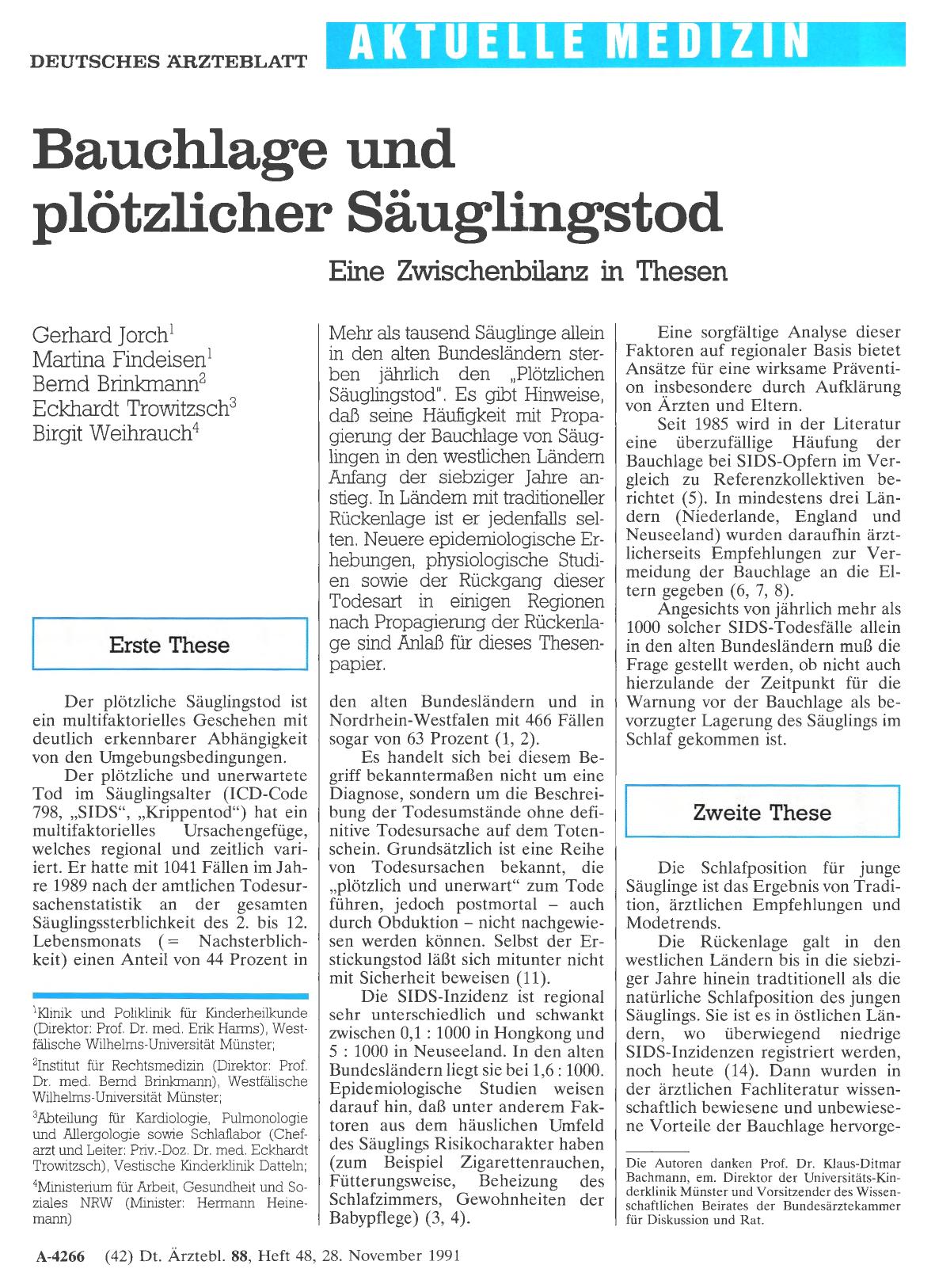 Vorschauseite 1: Bauchlage und plötzlicher Säuglingstod: Eine Zwischenbilanz in Thesen