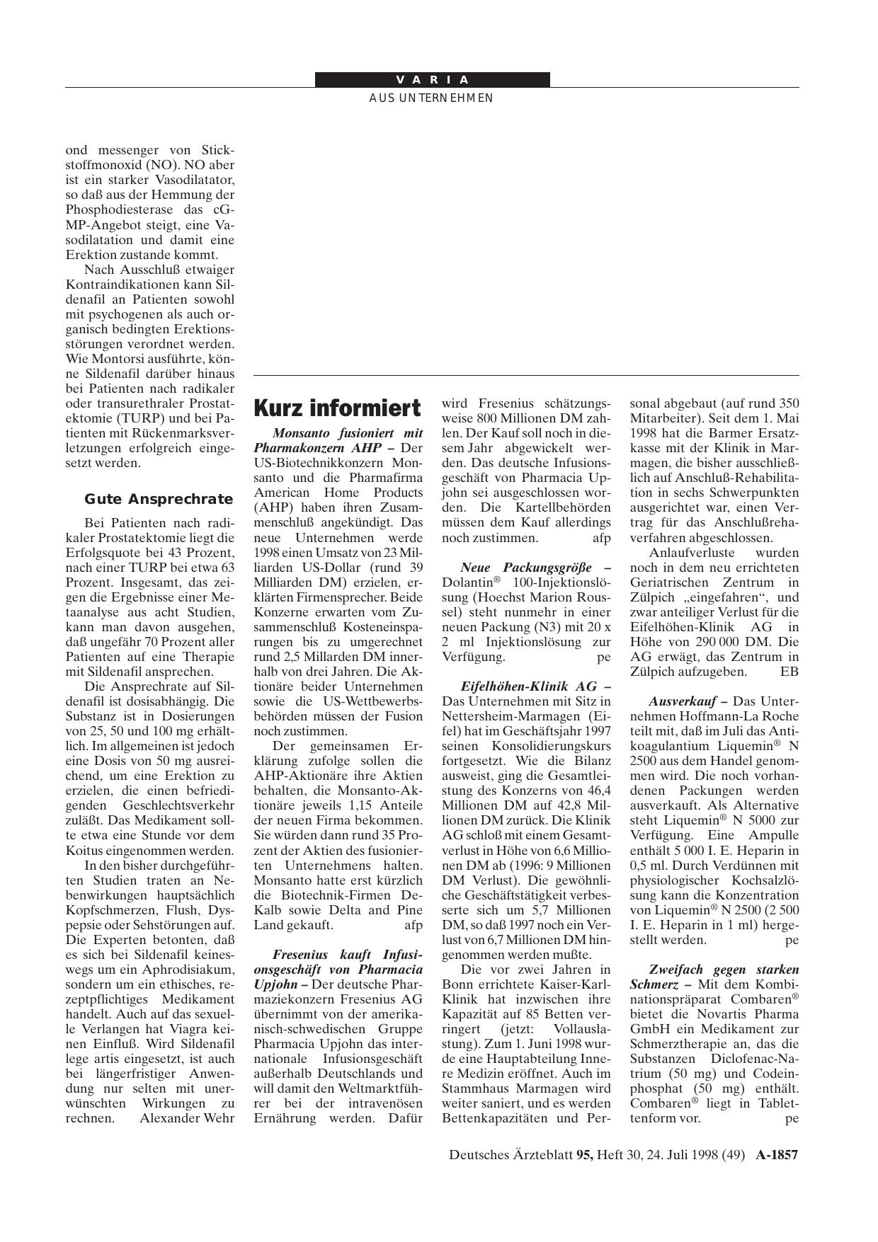 Vorschauseite 1: Monsanto fusioniert mit Pharmakonzern AHP